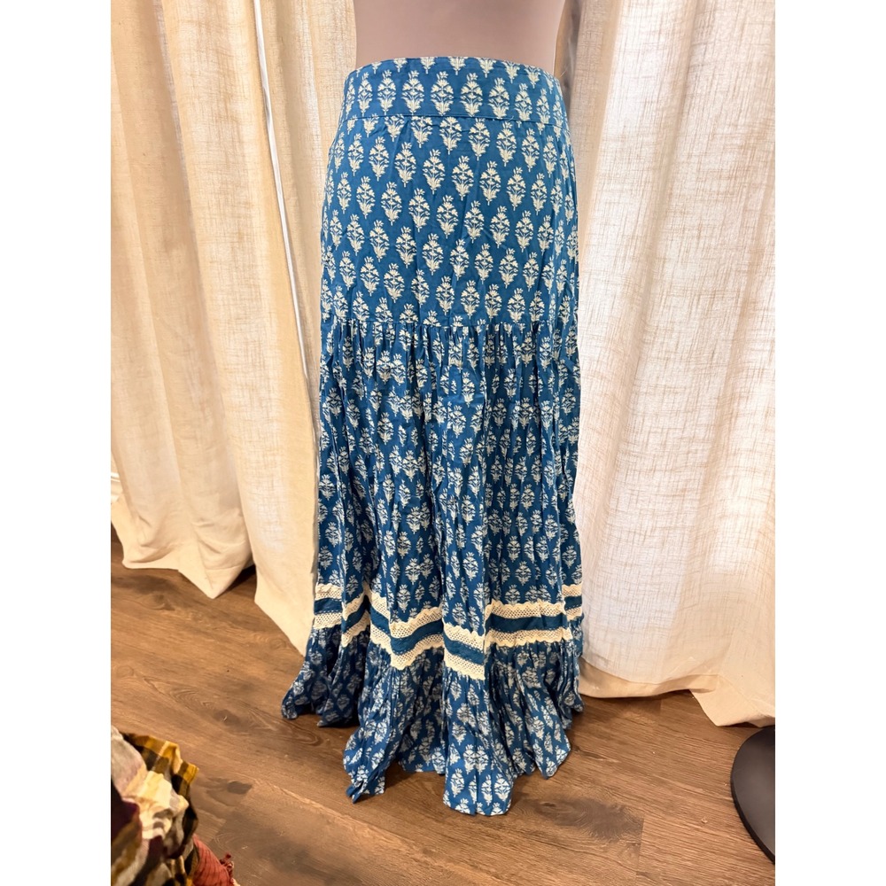 Solitaire Womens‎ Blue White Cotton Block Print Tiered Maxi Skirt Crochet Lace L
